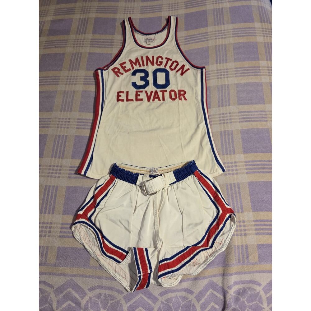 Vintage Basketball Remington Elevators Game Used Worn Jersey Shorts Team Uniform